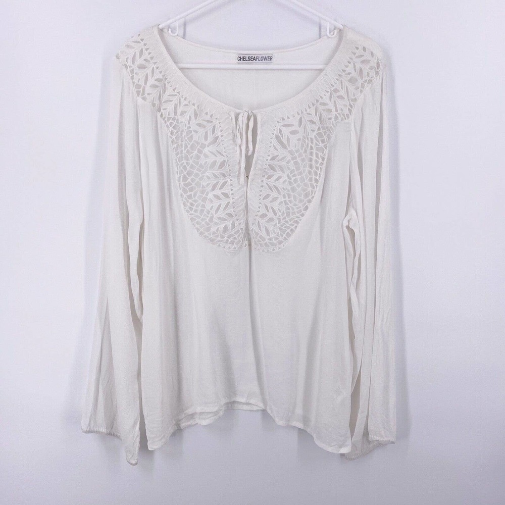 Chelsea Flower White Long Sleeve Boho Peasant Blouse Top Tunic Shirt Large